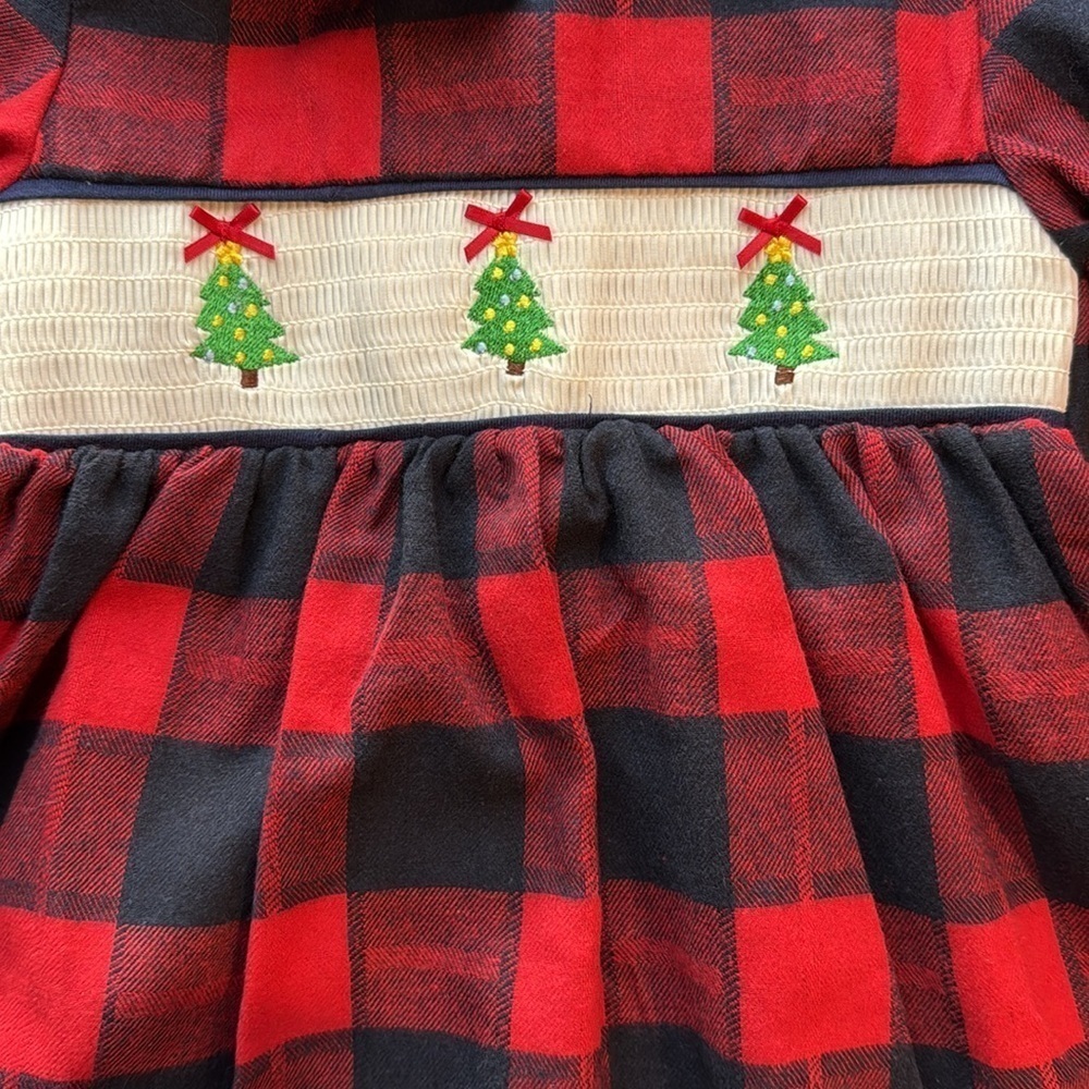Girls Smocked Christmas Bibbed Long Sleeve Dress with Bow size 4-5 - Picture 3 of 4